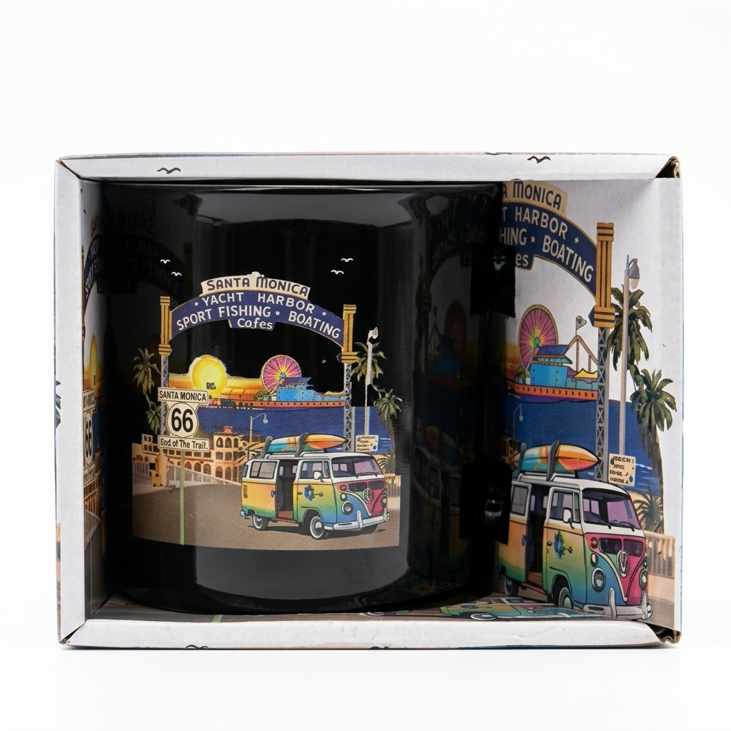 Santa Monica Pier & Surf Van Mug – Black