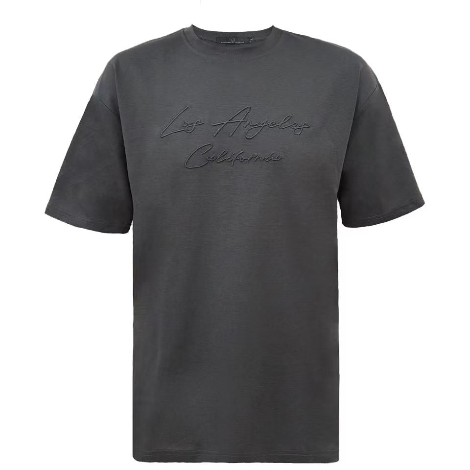 Dark gray t-shirt with 'Los Angeles California' text on a white background