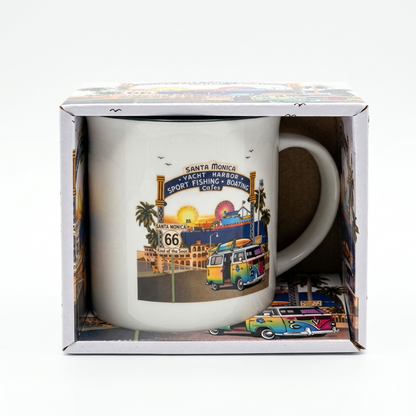 Santa Monica Pier & Surf Van Mug – White