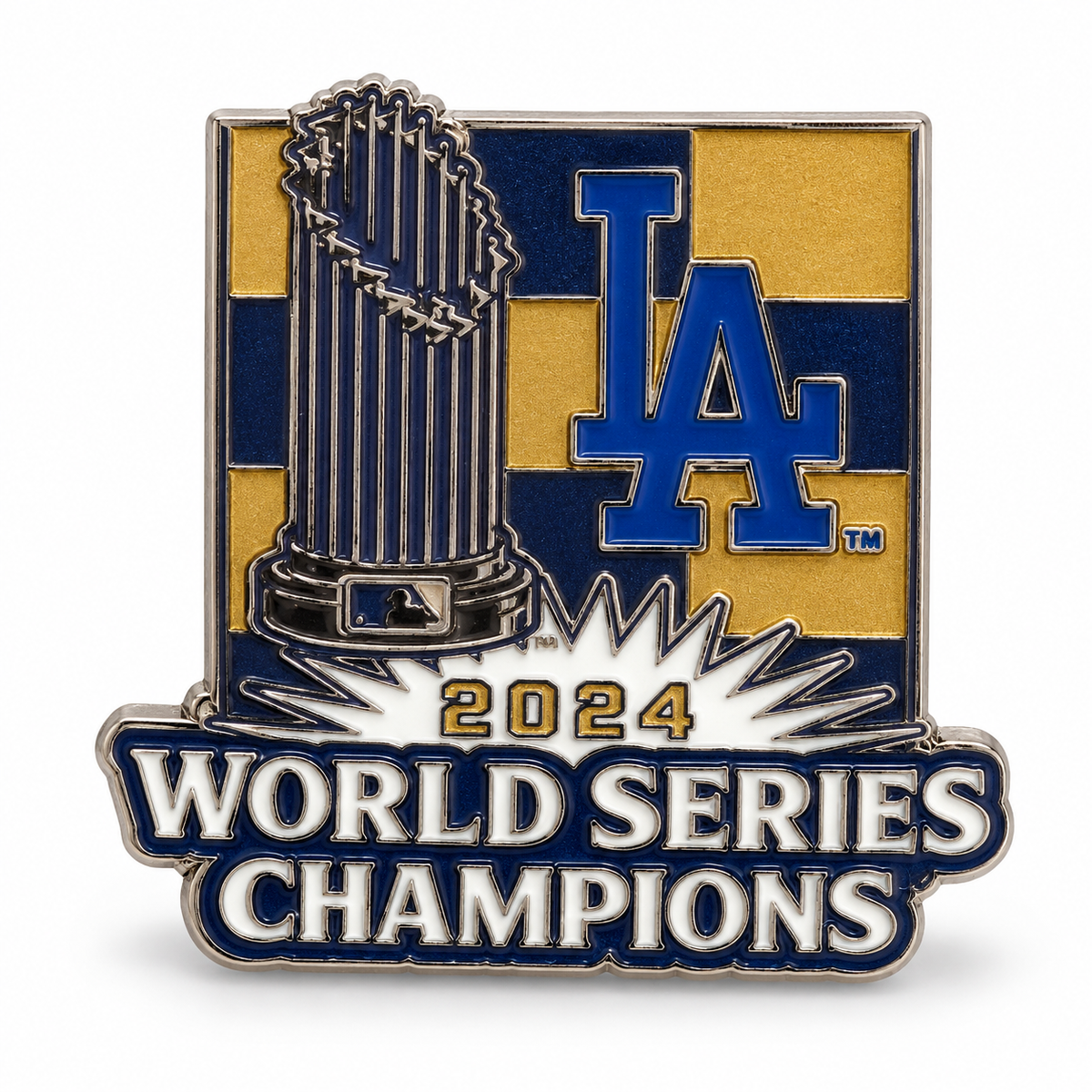 Los Angeles Dodgers 2024 World Series Champions Pin on a white studio background