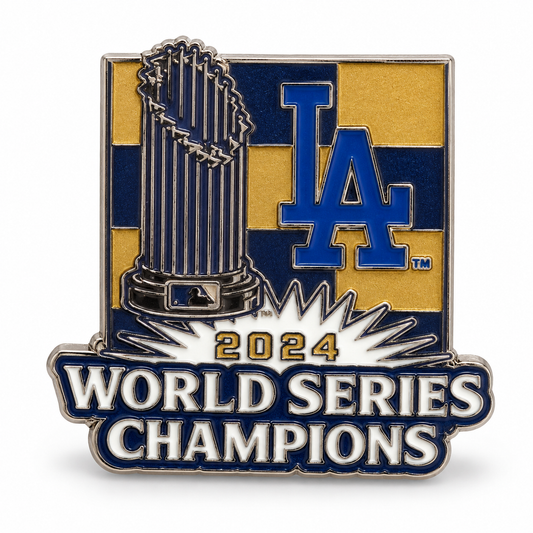 Los Angeles Dodgers 2024 World Series Champions Pin on a white studio background