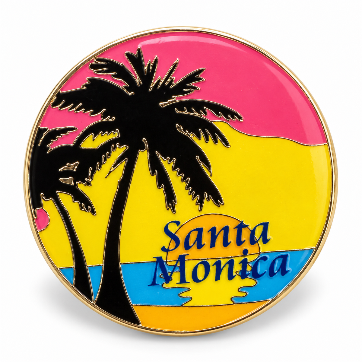 Santa Monica "Sunset Palms" Enamel Pin on a white studio background