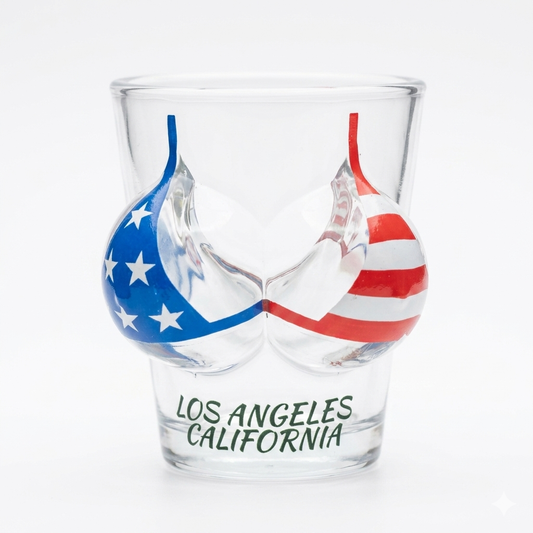 Los Angeles California shot glass with American flag bikini design