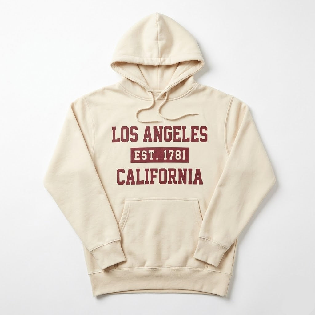 Beige hoodie with 'Los Angeles Est. 1781 California' text on a white background