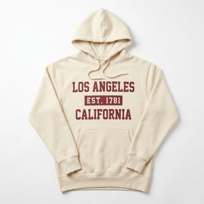 Beige hoodie with 'Los Angeles Est. 1781 California' text on a white background