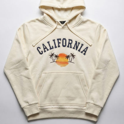Beige hoodie with 'California' and palm tree design on a white background