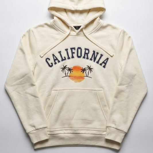 Beige hoodie with 'California' and palm tree design on a white background