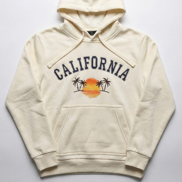 Beige hoodie with 'California' and palm tree design on a white background